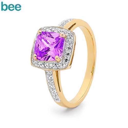 Image of Guld fingerring m/ 1 x 7x7 mm amethyst & 34 x 1,25 mm zirkonia